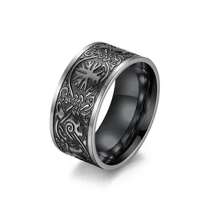 High Quality 10mm Classic Tree Of Life Odin Crow Stainless Steel Ring Viking Celtic Knot Ring For Men And Women