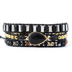 Multi Layered Wrapped <b>Bracelet</b> Natural Stone Crystal Bead Water Drop Shape Black Gold Tone Jewelry Fashion <b>Beaded</b> <b>Bracelets</b> - Product Image 5