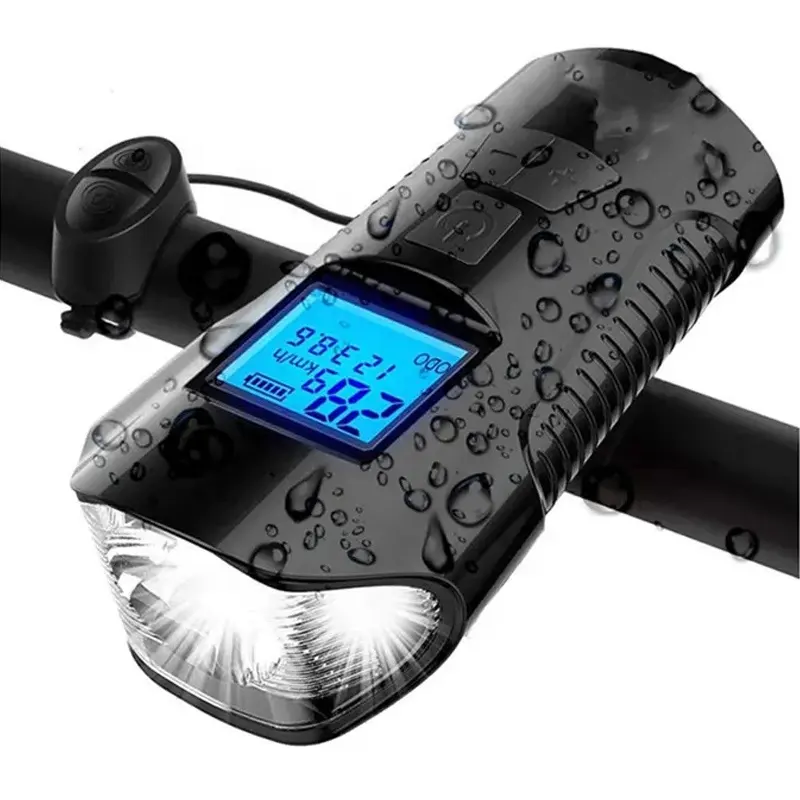 Waterproof Rainproof Speedometer Odometer Cycle Light 120db Horn Speaker LED Headlight Bike Front Light With Bicycle Computer