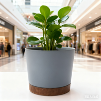 Pot de fleurs cylindrique en plastique PP bicolore bleu clair mat avec base imitation bois et trou de drainage pour la maison et le jardin