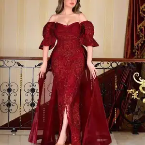 Gaun Malam Panjang Bahu Terbuka untuk Wanita, Gaun Poliester Desain Kelim Besar Perca, Gaun Merah 495429 Elegan untuk Wanita