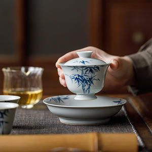 Guanlan Hand Painted Blue Bamboo Gaiwan Porcelain <b>Tea</b> <b>Set</b> With Lid For Kung Fu <b>Tea</b> Ceremony Home Use - Product Image 1