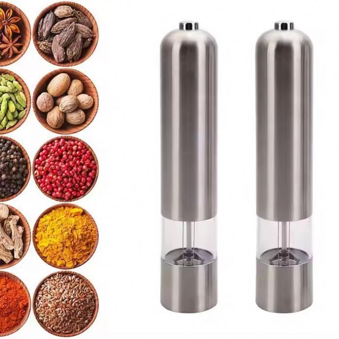 MHK66 Electric Salt and Pepper Grinder Set Automatic Refillable Battery Operated Stainless Steel Spice Mills with Light