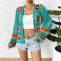 Cardigan en crochet à manches longues, style vintage, fin, bohème, coloré, fait main, pour femme, collection automne, transfrontalier