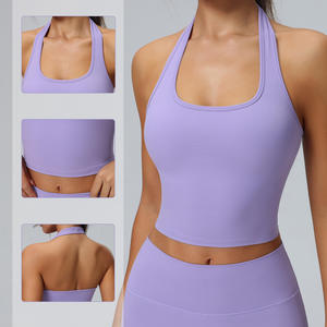 Soutien-gorge de sport confortable à col halter de haute qualité pour femme, avec logo frontal, anti-transpiration, extensible dans quatre directions, maintien moyen, haut court de gym - Product Image 2