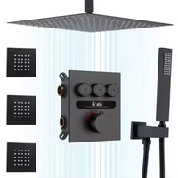 HOMEDEC Ensemble de douche thermostatique moderne en laiton à poignée unique, pommeau de douche carré avec modes de jet pluie/massage/jet, finition noircie