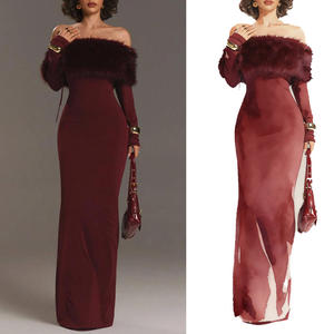Fábricas OEM Chinas Admiten la Personalización de Pequeños Lotes de Elegantes Vestidos de Noche y de Gala con Cuello de Piel y Hombros Descubiertos - Product Image 1