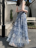 Jupe longue maxi en tulle multicouche à motif dentelle bleue, taille empire, best-seller de l'été, romantique, élégante, amincissante et infroissable