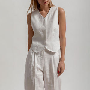 Completo Estivo a Due Pezzi in <span class=keywords><strong>Lino</strong></span>/Cotone con Top Senza Maniche e Pantaloni, Scollo a V, Tinta Unita, Personalizzabile per <span class=keywords><strong>Donna</strong></span> - Product Image 3