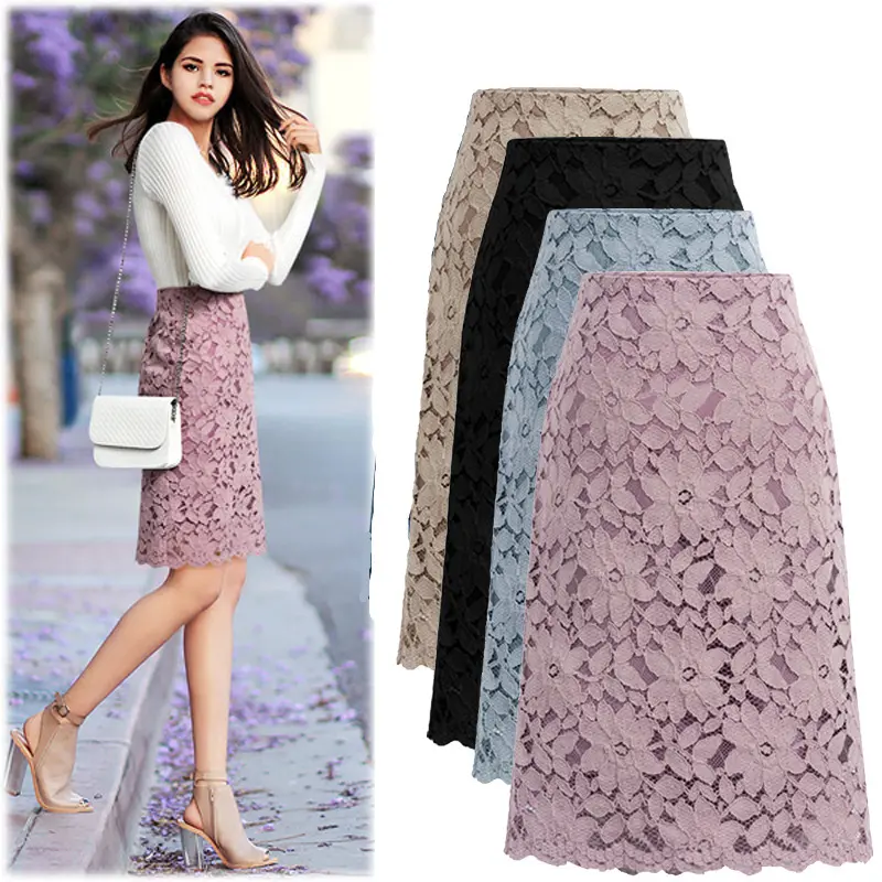 Elegant A Line Women Pencil Skirts Solid Color Office Lady Long Lace Skirt