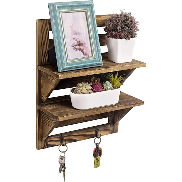 Buy Solid wood Rural wall shelf Rural wood wall hanging organizer shelf  2 hook 2 layer storage shelf