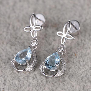 Boucles d'oreilles pendantes en argent E473, motif fleur, serties de cristaux bleus, bijoux de mariage classiques pour femmes, argent 925 - Product Image 5