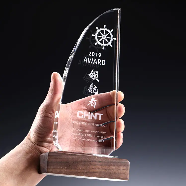 Bedrijf Jaarvergadering Souvenir Massief Houten Basis Kristallen Awards Kleur Gedrukt Crystal Trophy