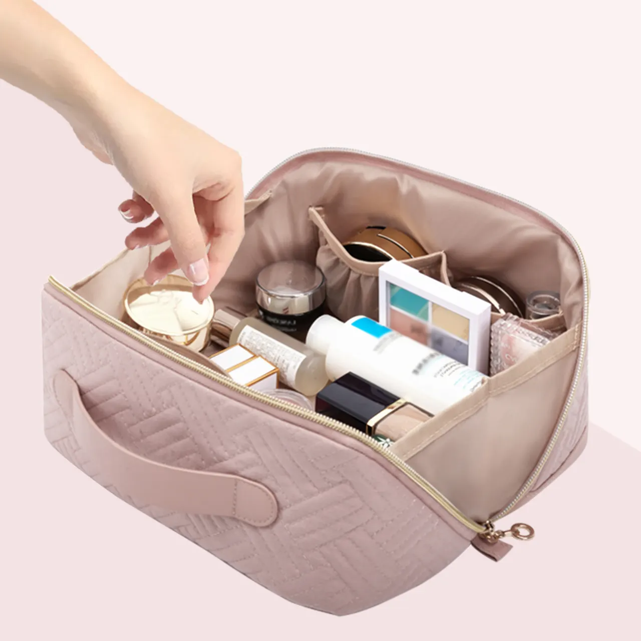 Custom Large Opening Toiletry Bag Travel Quilted Make Up Pouch Case Pu Leather Makeup Cosmetic Bag For Women