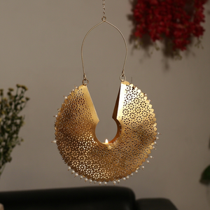 Hanging <b>Brass</b> <b>Candle</b> <b>Holder</b> With Perforated Design And Pearl Trim For Home Decoration - Product Image 2