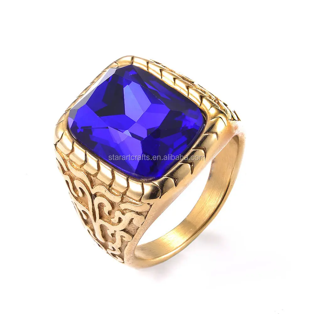 Cincin baja tahan karat Royal dengan batu kaca biru besar berlapis emas