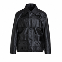 Veste en cuir de vachette vintage noire pour homme, broderie florale perlée personnalisée, style western, avec franges, faite à la main