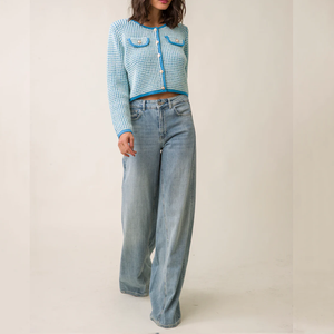 <span class=keywords><strong>Cardigan</strong></span> da <span class=keywords><strong>donna</strong></span> in maglia azzurra: un cappotto testurizzato con tasche con un frontale abbottonato, adatto per il Casual retrò - Product Image 2