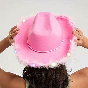 Wholesale Outdoor Casual Business <b>Light</b> up Cowgirl Pink Cowboy Hat with Feather Edge - Product Image 1