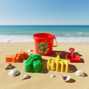 <b>Plastic</b> Beach Bucket Toy Set with Rake Shovel Sand Molds for Kids in <b>Mesh</b> Bag - Product Image 2
