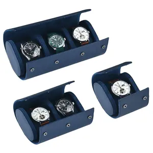 LAIHE caja de rollo de reloj de cuero azul en relieve con logotipo personalizado 1 ranura 2 ranuras 3 ranuras reloj caja de viaje rollo