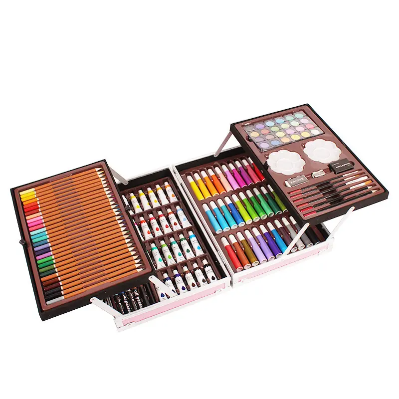 Paintyou-caja de aluminio de doble capa personalizada para niños, suministros escolares de arte, conjunto de arte para niños, lápiz de acuarela, crayones para colorear, 145 Uds.