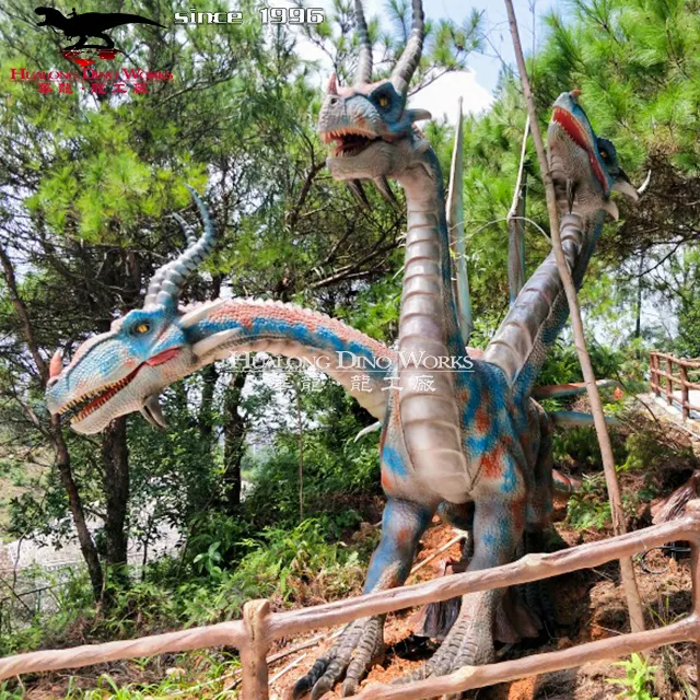 Dekorasi taman ukuran kehidupan dapat digerakkan animatronik indah tiga kepala naga