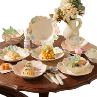 Service de vaisselle en céramique sous glaçure florale, ensemble de bols et assiettes en forme de fleur, vaisselle pastel pour la maison et les cadeaux