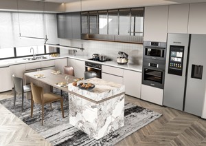 Meubles de <span class=keywords><strong>cuisine</strong></span> de luxe avec îlot, meubles de <span class=keywords><strong>cuisine</strong></span> modulaires avec comptoir en placage de bois, armoire à vin en verre avec éclairage <span class=keywords><strong>LED</strong></span> - Product Image 6