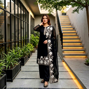 Ensemble Kurta Palazzo Dupatta brodé noir, vêtements ethniques indiens et pakistanais - Product Image 1