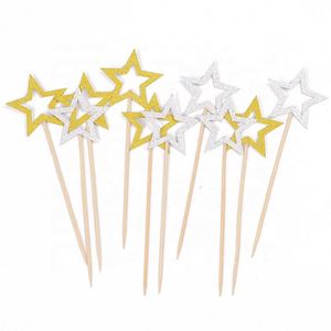 5Pcs/Bag <b>Birthday</b> Paper Cake Gold and Silver Party Topper <b>Decoration</b> Glitter Star Cupcake Toppers - Product Image 1