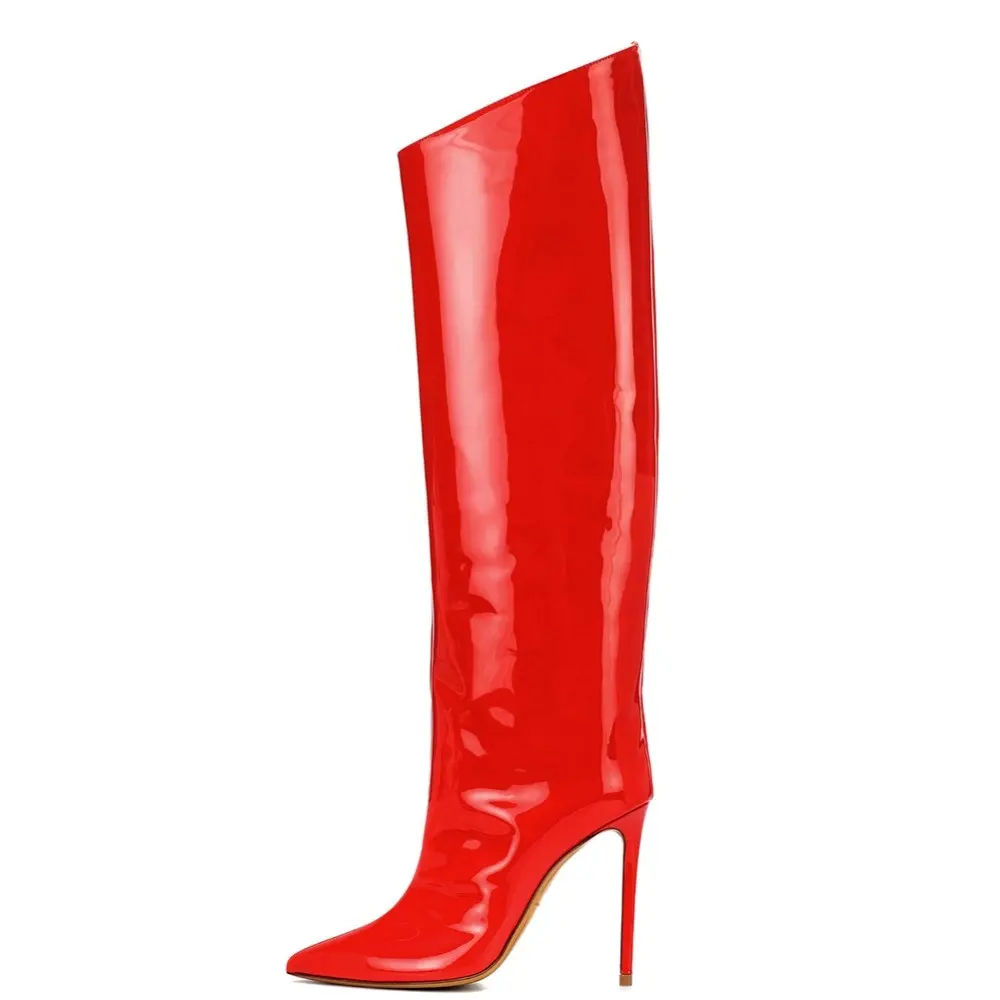 Ladies Heeled Winter Shoes 2021 Women High Heel Shiny Green Slouch Long Boots Red Patent Leather Pointed Toe Knee High Boots