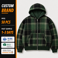 Sudadera Hombre Unisex GSM 500 Katun Kotak-kotak Hijau Dengan Kap dan Resleting Hoodies Grosir Untuk Sudaderas Berkualitas Tinggi