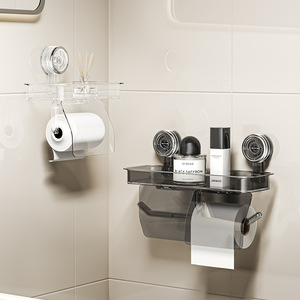 Yimijia Bathroom <b>Tissue</b> Holder Suction Cup Wall Mount No Drill Toilet <b>Paper</b> Storage Box With Shelf For Bathroom - Product Image 1