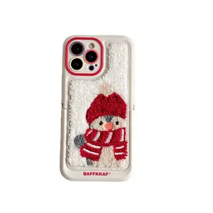 Cute Invisible Stand Towel Embroidered Scarf Penguin Snowman Mobile Phone Accessories Cover Case For iPhone 11 12 13 14 15 Pro M