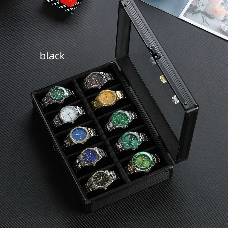 10 그리드 슬롯 탑 유리 창 알루미늄 시계 보관 상자 케이스 시계 디스플레이 박스 시계 수집 상자