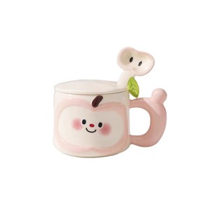 Cute Apple <b>Ceramic</b> <b>Mug</b> With <b>Lid</b> And Spoon Cartoon Design For Gift Spring 2025 - Product Image 1