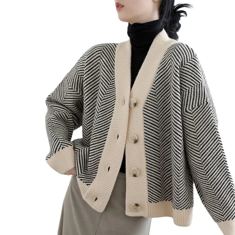Autumn and winter vintage knitted coat female korean version of stripes lazy jacket wind loose style women sweater cardigan