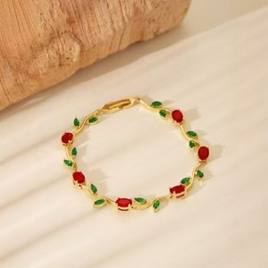卸売のかわいい金メッキCZダイヤモンドの赤いバラの花と緑の葉のリンクチェーンブレスレット、女性用ジュエリー - Product Image 2