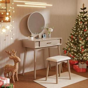 Maly Modern Oak Vanity and Stool Set with Lighted <b>Mirror</b> Gold Finish for Bedroom & Living Room - Product Image 1