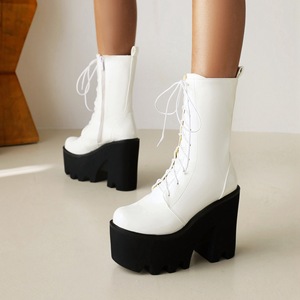 Botines Blancos con Plataforma y Tacón Grueso, Punta Redonda, Cierre de Cordones, Parte Superior de PU, para Todas las Temporadas, Envío Directo - Product Image 3