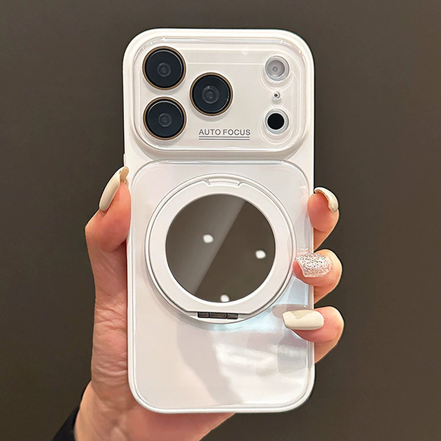 Glossy Mirror Magnetic Case for iPhone 15 and iPhone 17 Pro Max Rotating Ring Stand Cover with Raised Lens Guard Grip Pad Edge