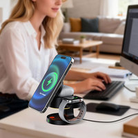 Cargador Inalámbrico Magnético 4 en 1, Banco de Energía Portátil LED, Carga Rápida de 15W, Base de Carga Plegable de Viaje, Micrófono para iPhone y Reloj