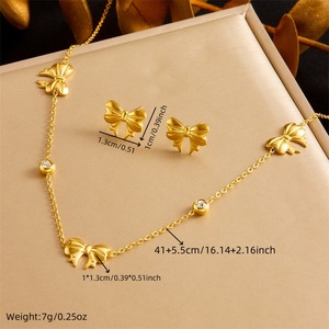 Gold Plated Bowknot Necklace Earring <b>Bracelet</b> <b>Set</b> Women's Everyday Wear Jewelry Stainless Steel Chain With Diamond Inlay - Product Image 4
