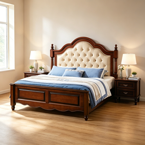 Traditional Mahogany Queen Size Upholstered Bed Frame with Faux Leather Headboard and Wood Construction - Product Image 6