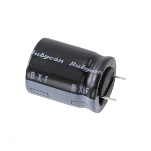 Condensateur à traversée de canal, fabriqué par le fabricant, en aluminium, 47 µF, 20 %, 400 V, RADIAL TH 400BXF47MEFC16X20, 47 µF - Product Image 1