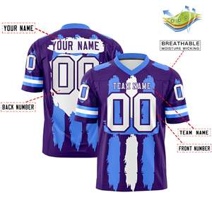 Maillots de football américain personnalisés avec motif graffiti violet, bleu poudre et blanc - Product Image 2