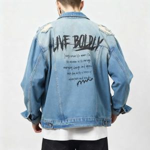 Chaqueta Bomber Casual Vintage Lavada y Desgastada al por Mayor con Gráficos de Letras Personalizados, Botones, Cortavientos, de Invierno, de Mezclilla para Hombre - Product Image 2