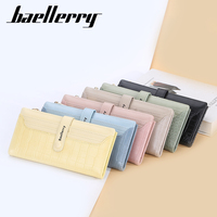 Dompet kulit PU wanita, dompet ritsleting ramping kecil, tempat kartu lipat dua dengan pola geometris, panjang pendek, poliester berjajar