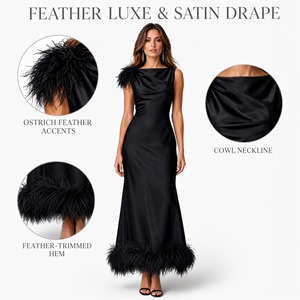 Abito da Sera Nero in Raso con Piume di Struzzo sulle Spalle e Orlo, Collo a Cappuccio, Lunghezza al Pavimento, per Feste e Gala, OEM ODM, Direttamente dalla Fabbrica, Chic - Product Image 2